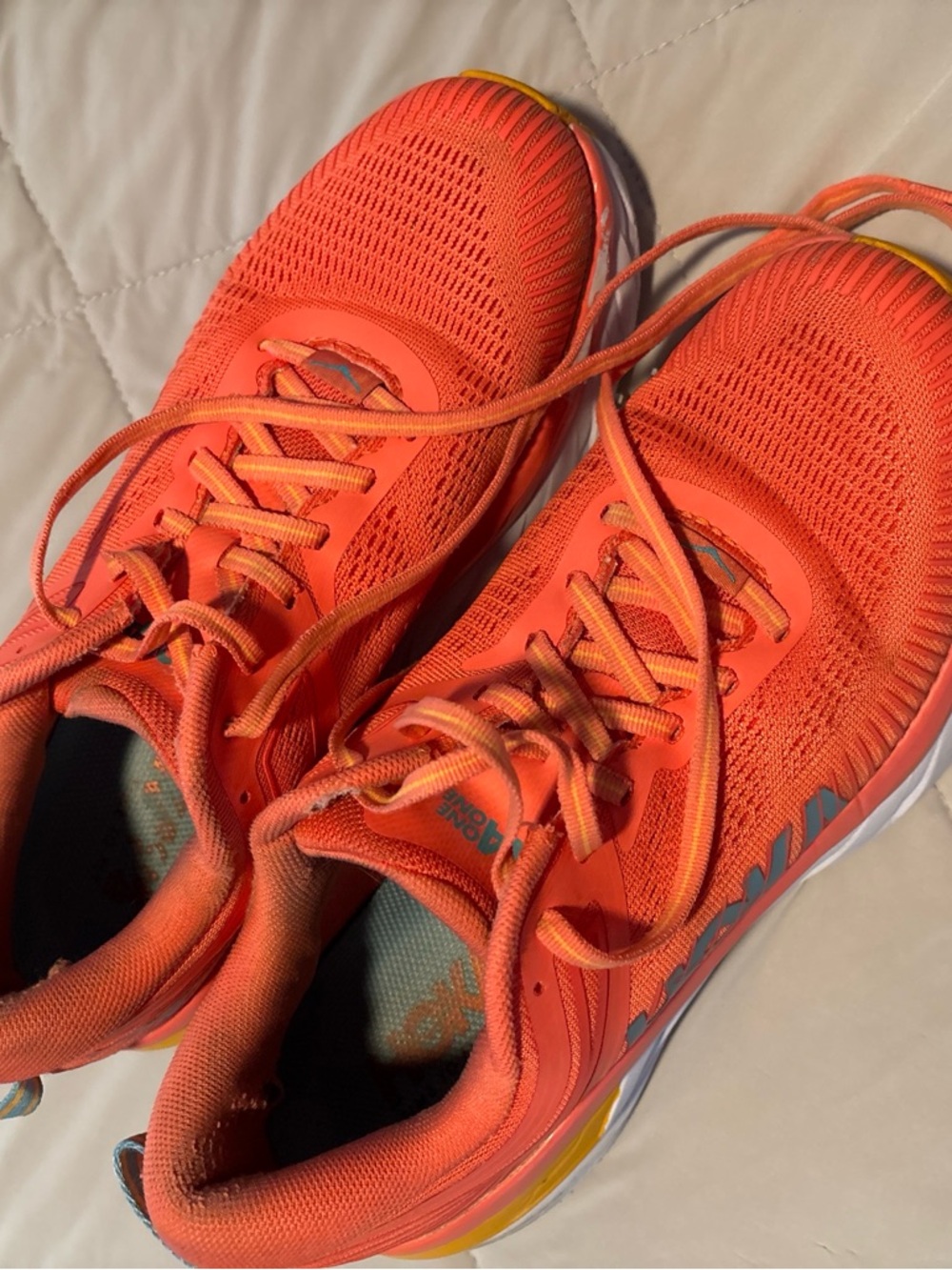 Hoka One One Coral Orange Running Shoes with Light Blue Insole